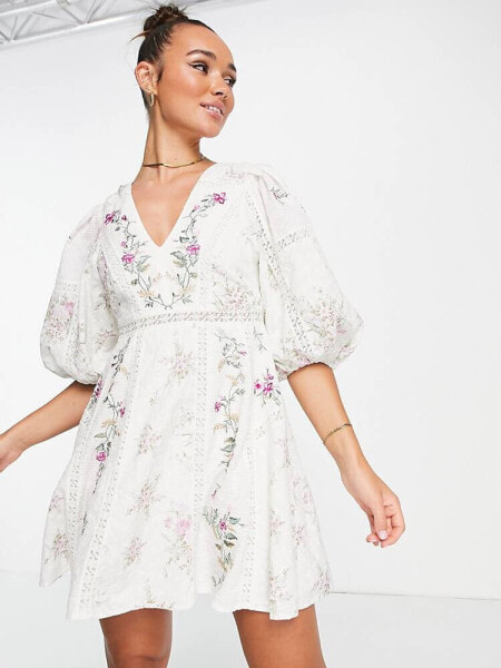 ASOS EDITION floral embroidered mini dress with lace inserts in cream