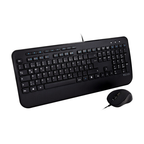 V7 Full Size USB Keyboard with Palm Rest and Ambidextrous Mouse Combo - DE - Full-size (100%) - USB - Membrane - QWERTZ - Black - Mouse included