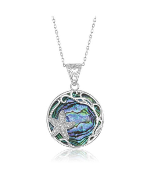 Sterling Silver Round Abalone with Starfish & Filigree Design Pendant Necklace
