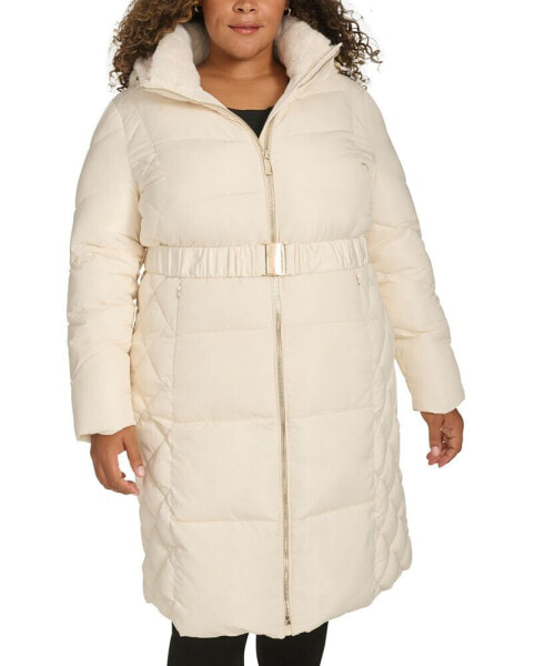 Plus Size Belted Hooded Puffer Coat