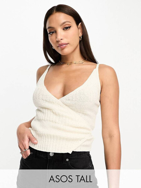 ASOS DESIGN Tall knitted wrap cami in mixed stitch in cream