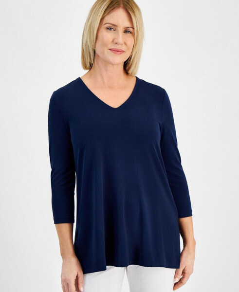 Petite V-Neck 3/4-Sleeve Swing Top, Created for Macy's