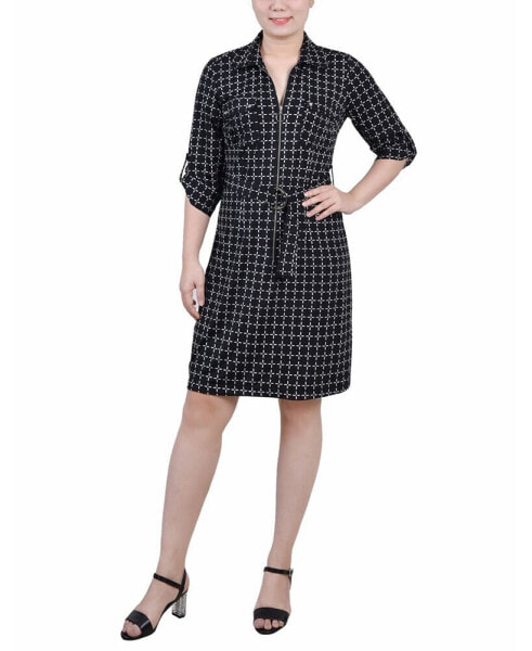 Petite Belted Roll Tab Zip Front Shirtdress