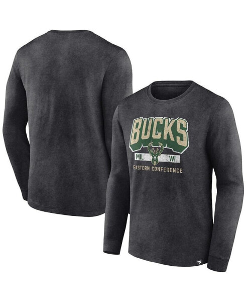 Men's Heather Charcoal Distressed Milwaukee Bucks Front Court Press Snow Wash Long Sleeve T-shirt