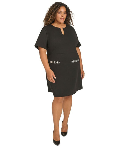 Plus Size Split-Neck Beaded-Pocket Dress