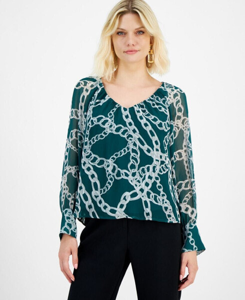 Petite Printed V-Neck Long-Sleeve Top, Created for Macy's