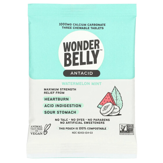 Wonderbelly, антацид, арбуз и мята, 3 жевательные таблетки