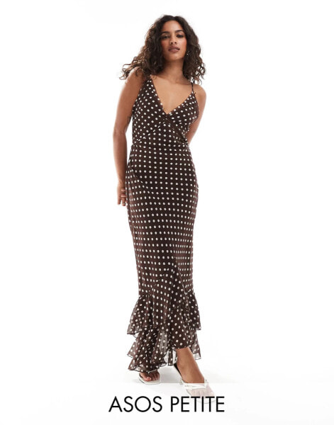 ASOS DESIGN Petite V neck strappy cross back maxi dress with raw edge details in chocolate spot