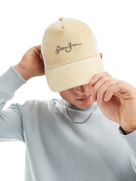 Sean John script logo baseball trucker cap in beige and white