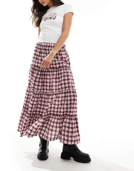 Bershka tiered maxi skirt in burgundy check