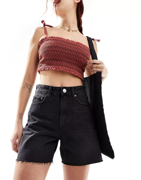 Pull&Bear high waisted raw hem longline denim shorts in black