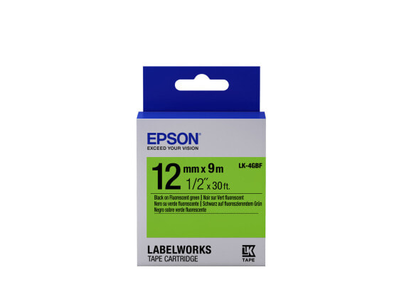 Epson Label Cartridge Fluorescent LK-4GBF Black/Green 12mm (9m) - Black on green - Japan - LabelWorks LW-1000P LabelWorks LW-300 LabelWorks LW-400 LabelWorks LW-400VP LabelWorks LW-600P... - 1.2 cm - 9 m - 1 pc(s)