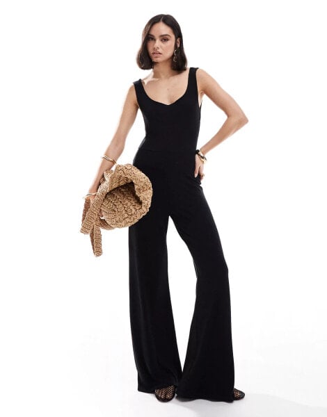 Miss Selfridge scoop neck sleeveless wide leg jumpsuit in black