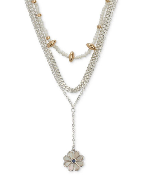 Lucky Brand two-Tone Color Stone & Mother-of-Pearl Daisy Beaded Layered Lariat Necklace, 15-1/4" + 2" extender