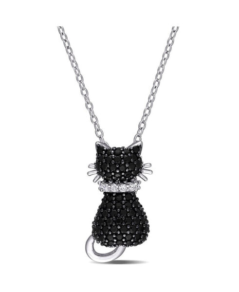 Macy's black Spinel (2 1/3 ct. t.w.) and Created White Sapphire Accent (0.06 ct. t.w.) Kitty Cat Necklace in Sterling Silver