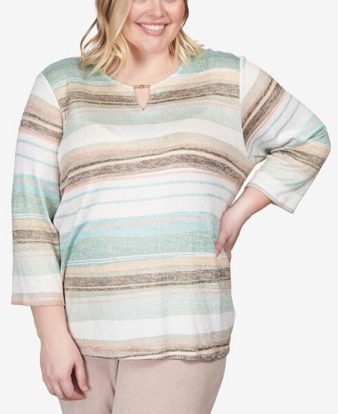 Plus Size St.Moritz Split Neck Watercolor Stripe Shimmer Top