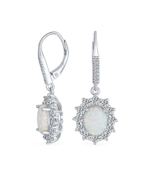 Cubic Zirconia Accent Pave Halo CZ Solitaire Oval White Synthetic Opal Drop Earrings For Women Lever back Sterling Silver