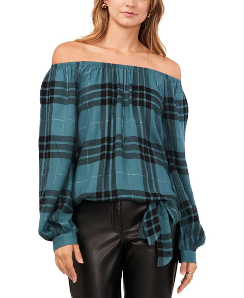 Women's Off-The-Shoulder Plaid Tie-Front Bouse