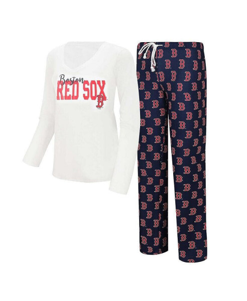 Women's White, Navy Boston Red Sox Long Sleeve V-Neck T-shirt and Gauge Pants Sleep Set