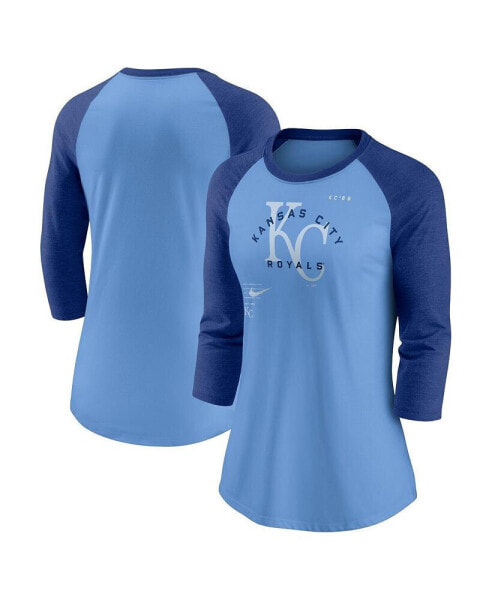 Women's Royal, Light Blue Kansas City Royals Next Up Tri-Blend Raglan 3/4-Sleeve T-shirt