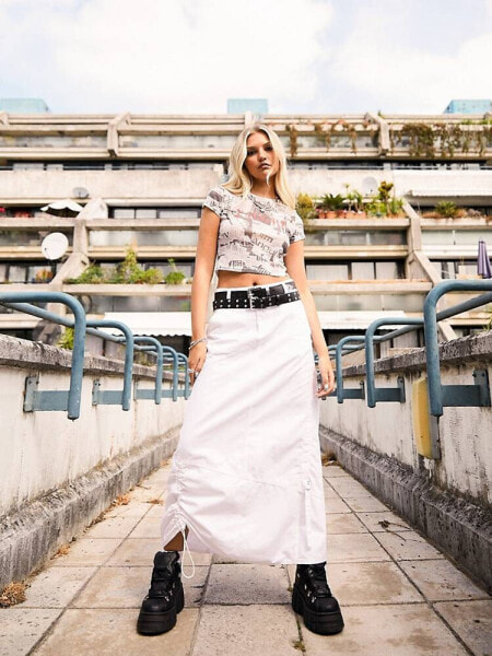 Reclaimed Vintage cargo skirt with ruching and frill in white