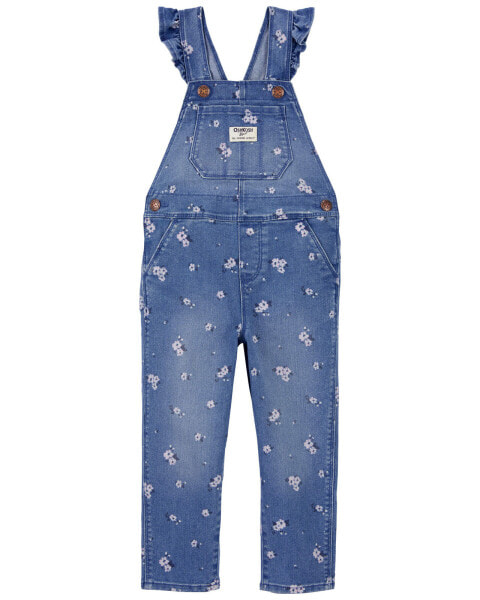 Toddler Floral Print Ruffle Stretch Denim Overalls 2T