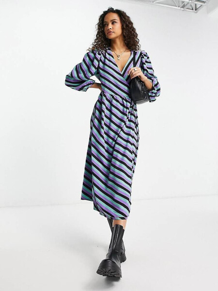 Pieces puff sleeve wrap midi dress in multi stripe