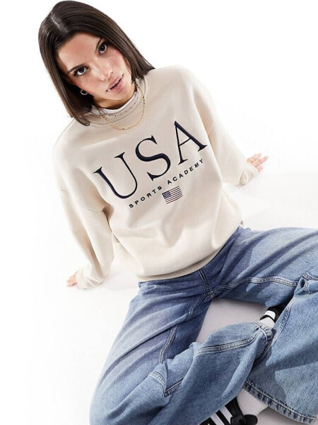 Stradivarius USA slogan sweatshirt in beige