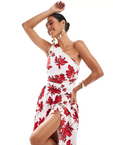 Abercrombie & Fitch one shoulder floral printed maxi dress with side slit in white and red