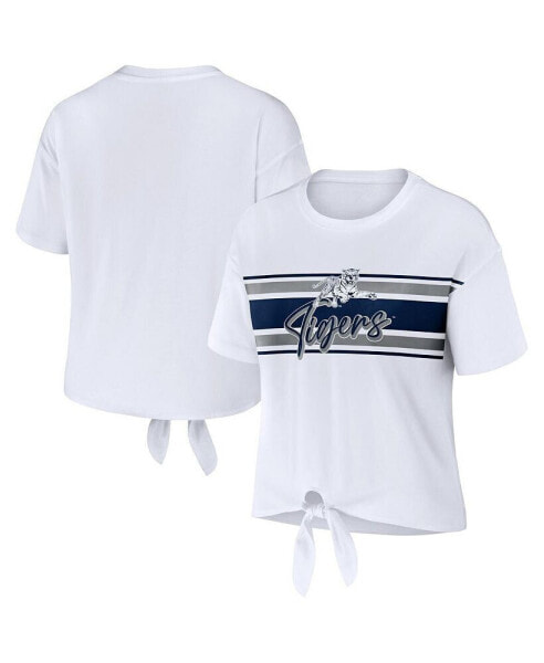 Women's White Jackson State Tigers Striped Front Knot Cropped T-shirt