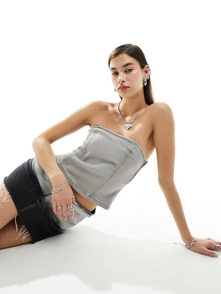 Noisy May denim corset top in light grey wash