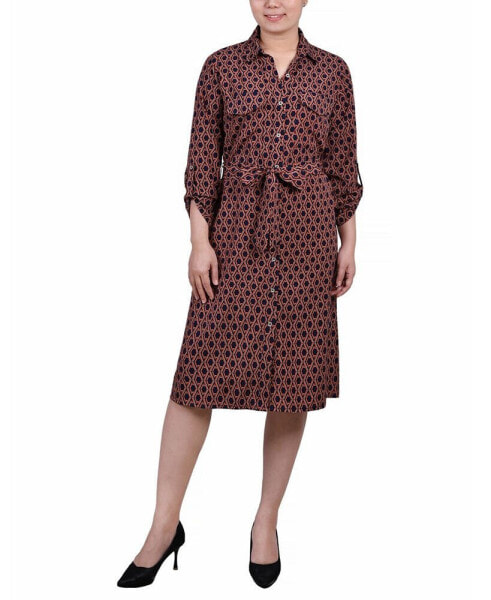 Petite Geometric Printed Long Sleeve Roll Tab Shirtdress