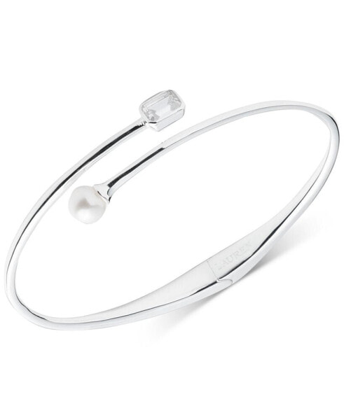 Freshwater Pearl (6mm) & Cubic Zirconia Bypass Bangle Bracelet in Sterling Silver