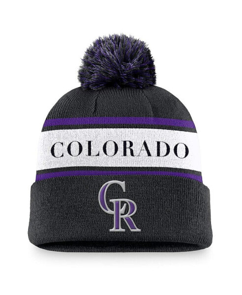 Men's Black Colorado Rockies Team Stripe Peak Cuffed Knit Hat with Pom