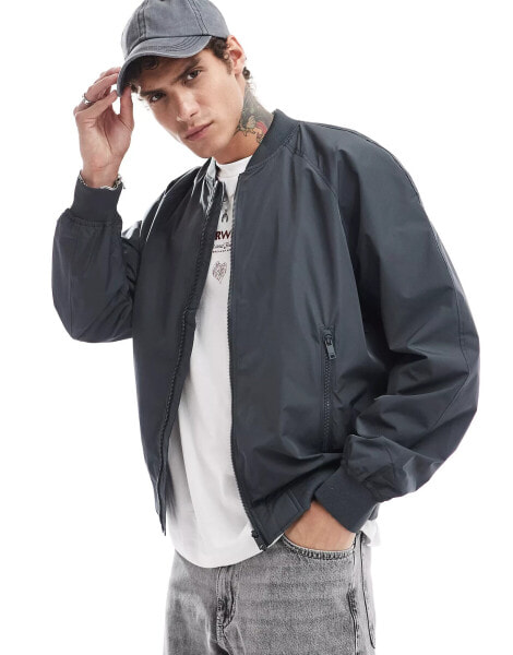 Bershka nylon bomber jacket in charcoal