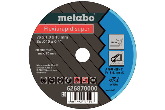 Metabo 626870000 - Cutting disc - Flat centre - Stainless steel - Metabo - 1 cm - 7.6 cm