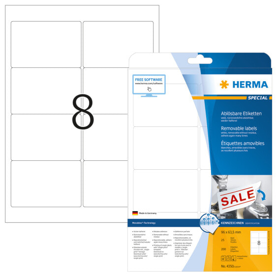 HERMA Removable labels A4 96x63.5 mm white Movables/removable paper matt 200 pcs. - White - Self-adhesive printer label - A4 - Paper - Laser/Inkjet - Removable