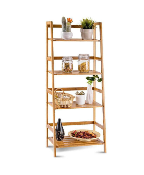 Multifunctional 4 Shelf Bamboo Bookcase Ladder Plant Flower Stand Rack Storage