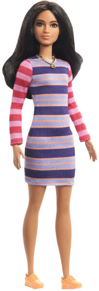 Кукла Barbie Игра с модой 147 ,Барби брюнетка в полосатом платье, GYB02