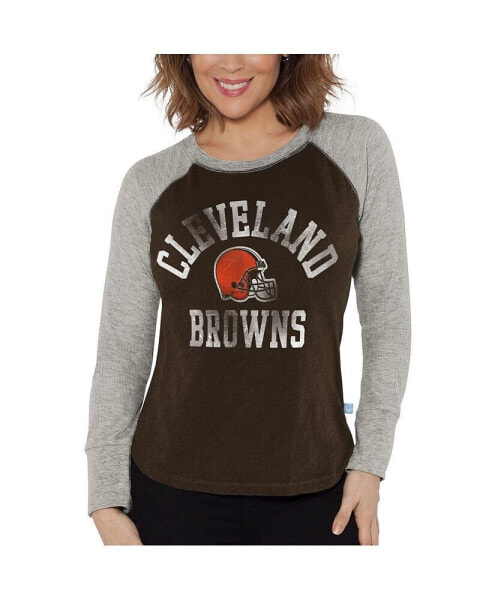 Women's Brown, Heather Gray Distressed Cleveland Browns Waffle Knit Raglan Long Sleeve T-shirt