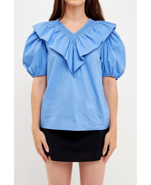 Women's Smocked Ruffled Puff Sleeve Top