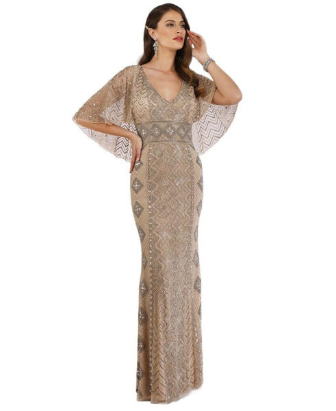 Women's Cape Sleeve V-Neck Beaded Gown