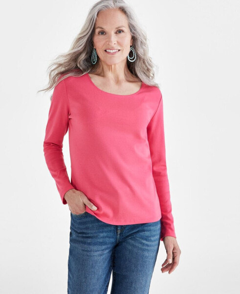 Petite Scoop-Neck Long-Sleeve Cotton Top, Created for Macy's