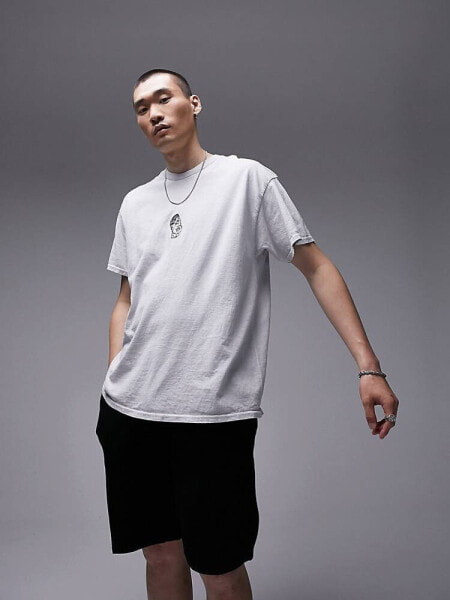 Topman oversized fit t-shirt with face embroidery in washed grey