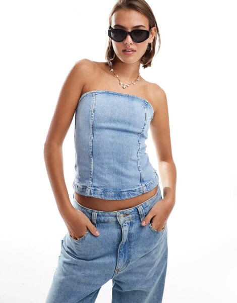 Mango bandeau denim top in light blue