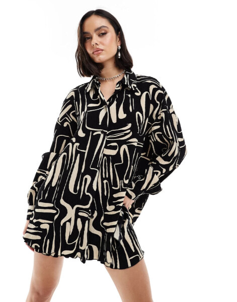 Extro & Vert plisse shirt in camel and black abstract print co-ord