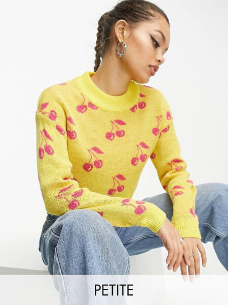 Noisy May Petite scoop neck jumper in yellow & pink cherry print