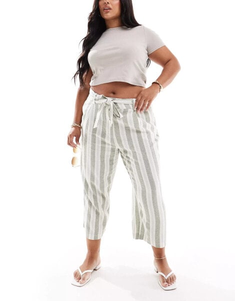 ONLY Curve linen mix culotte trousers with belt in cream and sage stripe