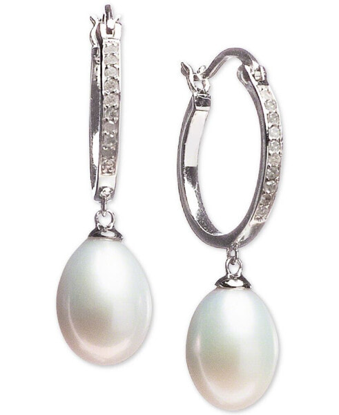 Cultured Freshwater Pearl (7 x 9mm) & Diamond (1/10 ct. t.w.) Hoop Drop Earrings in Sterling Silver