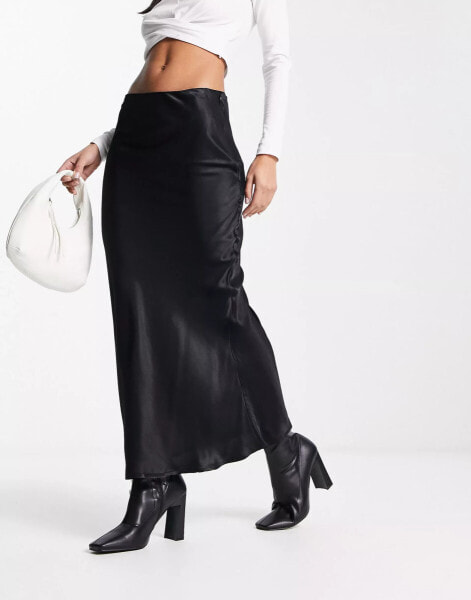 Stradivarius satin bias midi skirt in black